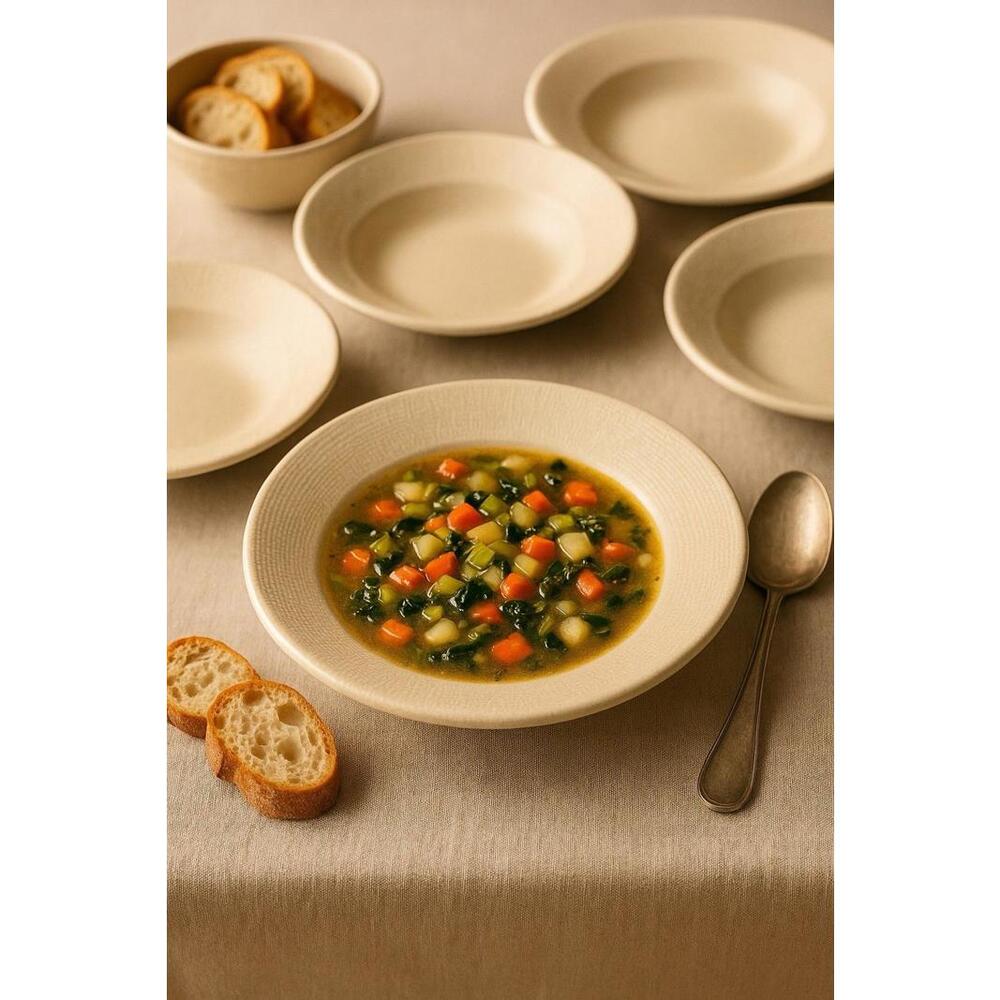 Poc À Poc France 1990s Linen-Texture Stoneware Soup Plates Set Of 5, 8x1.25”